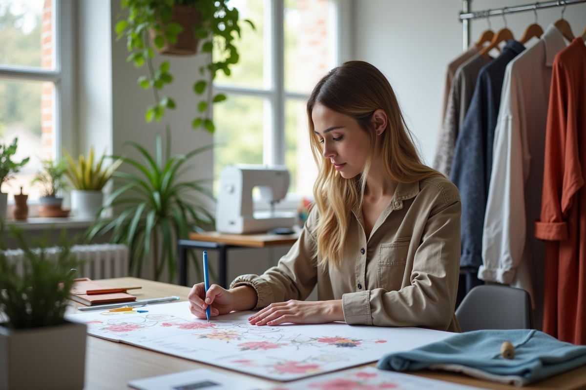 Designer de mode travaillant dans un studio lumineux et organise
