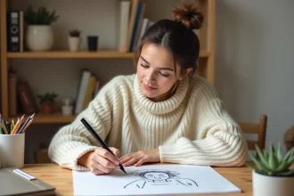Jeune femme dessinant un personnage cartoon étape par étape sur du papier blanc avec un stylo à encre noire, entourée de crayons et carnets de croquis