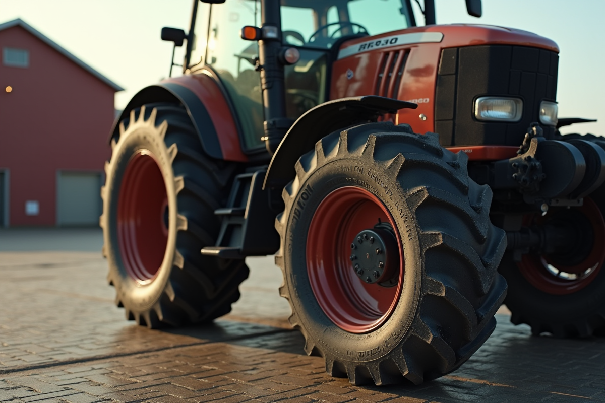 Gros plan sur un pneu de tracteur usé avec jante métallique