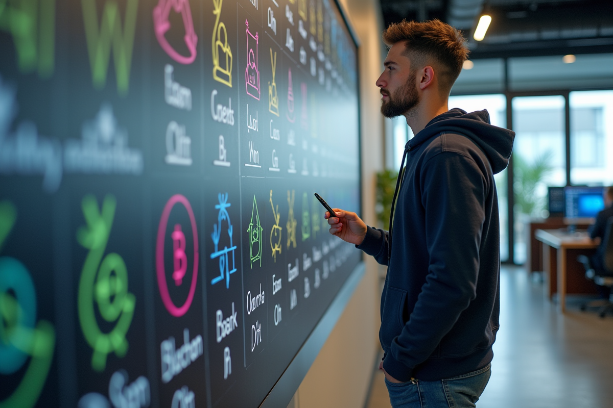 Jeune developpeur expliquant diagrammes blockchain sur mur en open space
