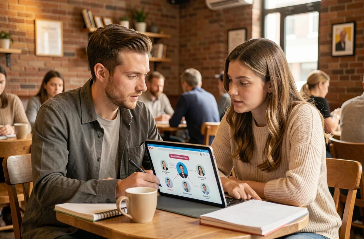 Deux collègues discutant de la stratégie de pseudonymes sur les réseaux sociaux autour d'une tablette dans un café