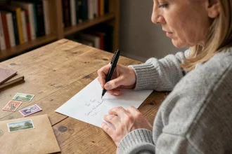 Femme écrivant à la main l'adresse sur une enveloppe blanche avec un stylo encre noire, posée sur un bureau en bois