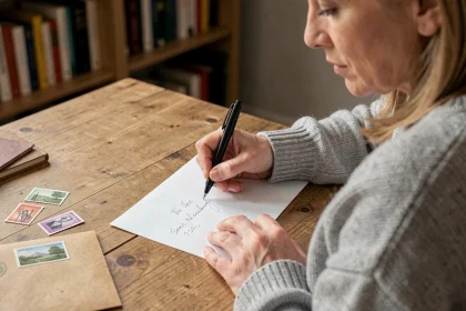 Femme écrivant à la main l'adresse sur une enveloppe blanche avec un stylo encre noire, posée sur un bureau en bois
