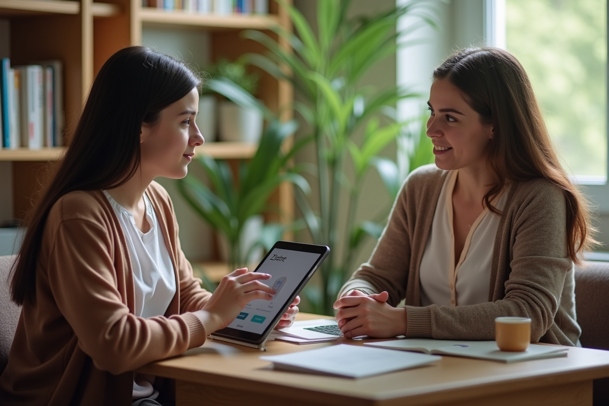 Educatrice et adolescente discutant avec tablette Zidore dans un bureau