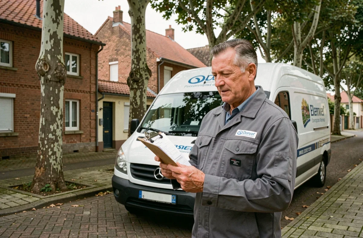 Technicien de l'Entreprise Michel devant un véhicule d'intervention dans une rue résidentielle de Toulouse