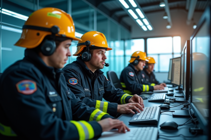Équipe de pompiers en centre hightech collaborant