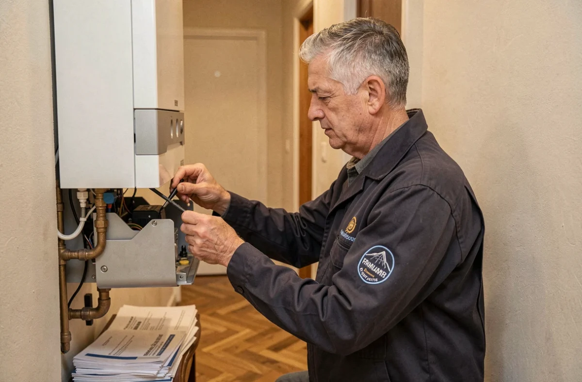 Technicien des Établissements Cadorin inspectant une chaudière murale dans un couloir résidentiel à Toulouse