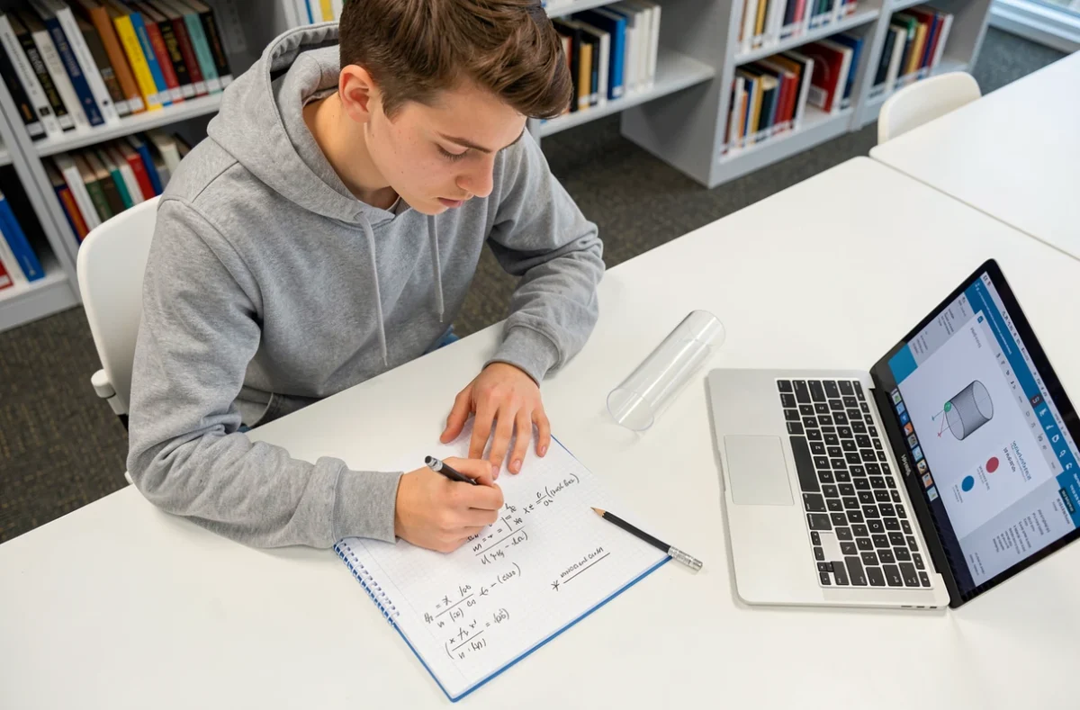 Étudiant calculant le volume en m3 d'un tube cylindrique avec des formules mathématiques sur papier graphique