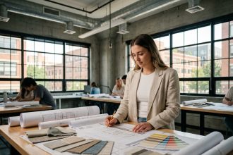 Étudiante en architecture d'intérieur travaillant sur des plans et échantillons de matériaux dans un studio universitaire