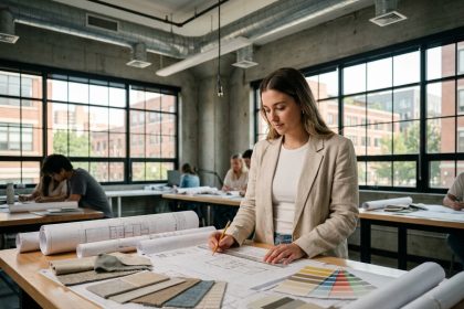 Étudiante en architecture d'intérieur travaillant sur des plans et échantillons de matériaux dans un studio universitaire
