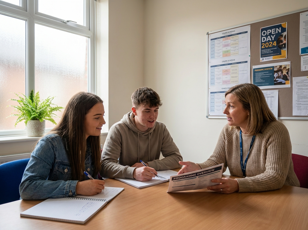 Deux jeunes adultes en rendez-vous avec une conseillère pédagogique lors d'une journée portes ouvertes d'une école professionnelle