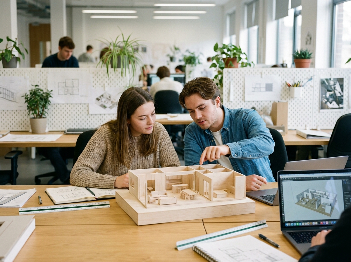 Deux étudiants en architecture d'intérieur examinant une maquette de projet dans un espace de travail collaboratif