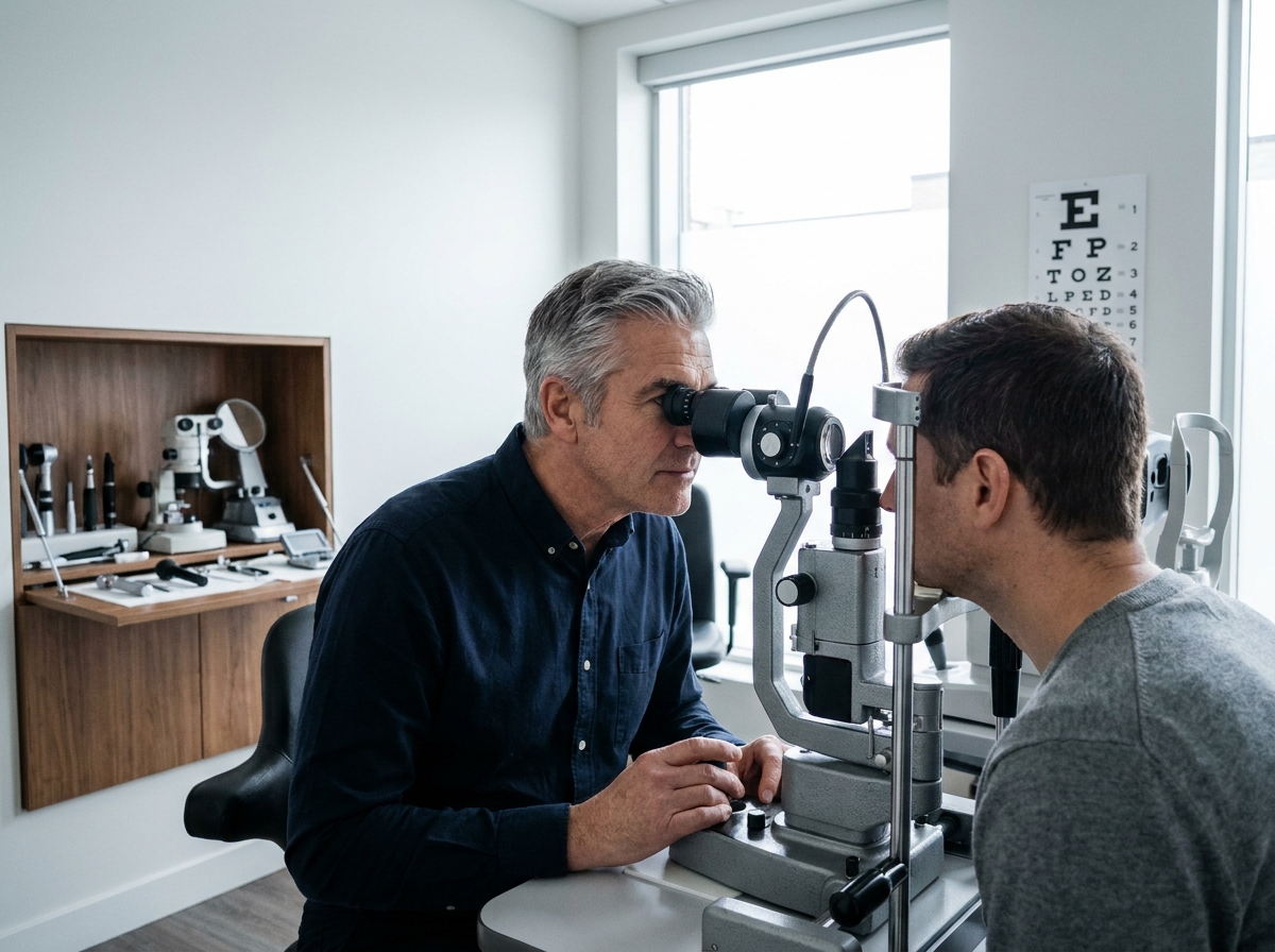 Ophtalmologiste réalisant un examen de la vue avec un équipement professionnel dans un cabinet parisien