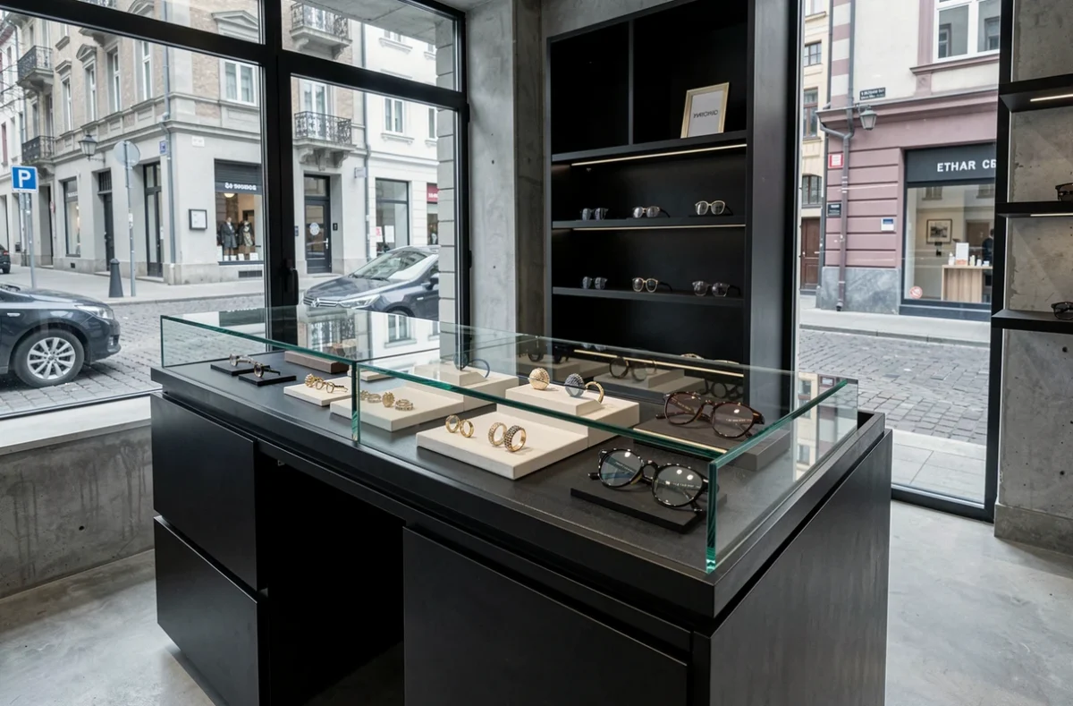 Devanture moderne d'une boutique alliant bijoux contemporains et lunettes de créateurs