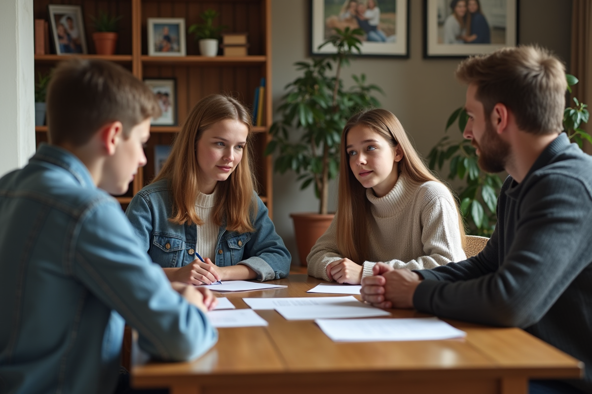 Famille en séance de conseil dans un salon chaleureux