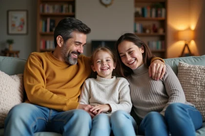 Famille souriante dans un salon chaleureux avec enfants adoptés