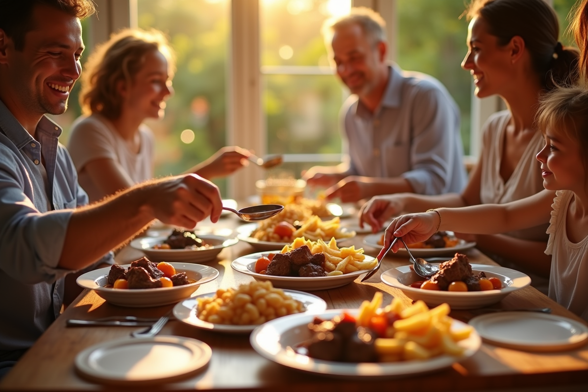 Famille souriante partageant la carbonade flamande
