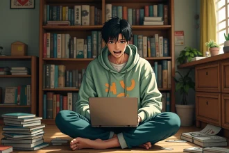 Jeune fan de manga lisant One Piece sur son ordinateur portable entouré de volumes de manga