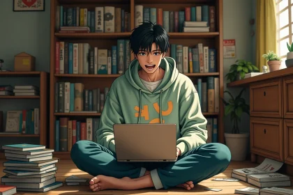 Jeune fan de manga lisant One Piece sur son ordinateur portable entouré de volumes de manga