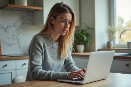 Femme consultant les prix d'abonnement YouTube Premium sur un ordinateur portable dans une cuisine moderne en France