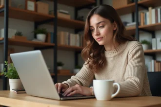 Femme adulte explorant un site de rencontre sur son ordinateur portable dans un bureau à domicile moderne