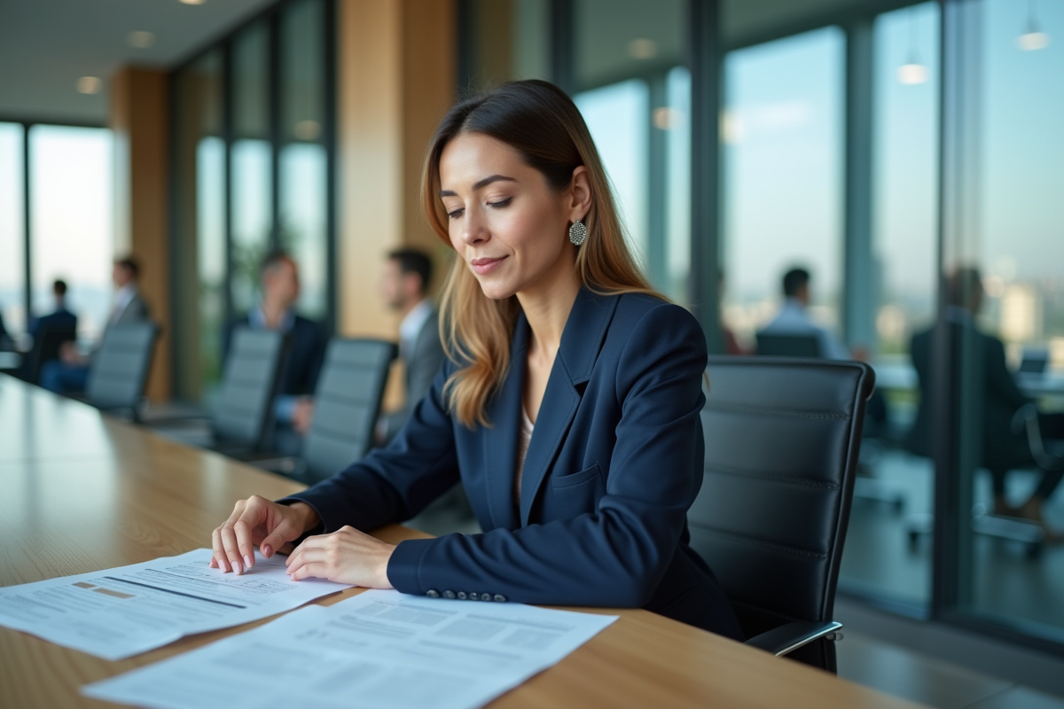 Femme d'affaires en réunion dans un bureau lumineux
