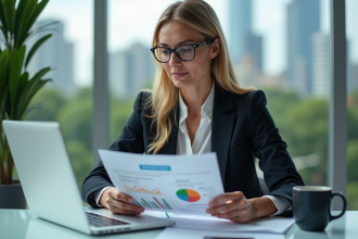 Femme d'affaires examinant un rapport ESG dans un bureau moderne