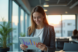 Femme d'affaires confiante analysant des graphiques financiers