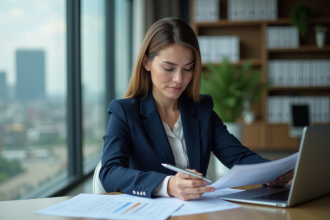 Femme d'affaires en costume bleu examine des rapports d'investissement