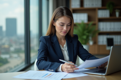 Femme d'affaires en costume bleu examine des rapports d'investissement