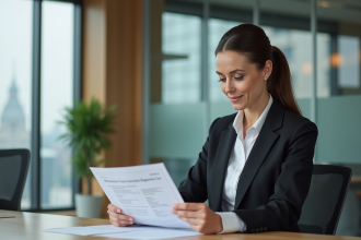 Femme d'affaires examinant documents de prêt immobilier