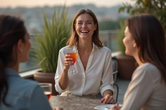 Femme souriante avec un spritz lors d'une rencontre extérieure