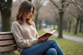 Femme assise sur un banc de parc au printemps