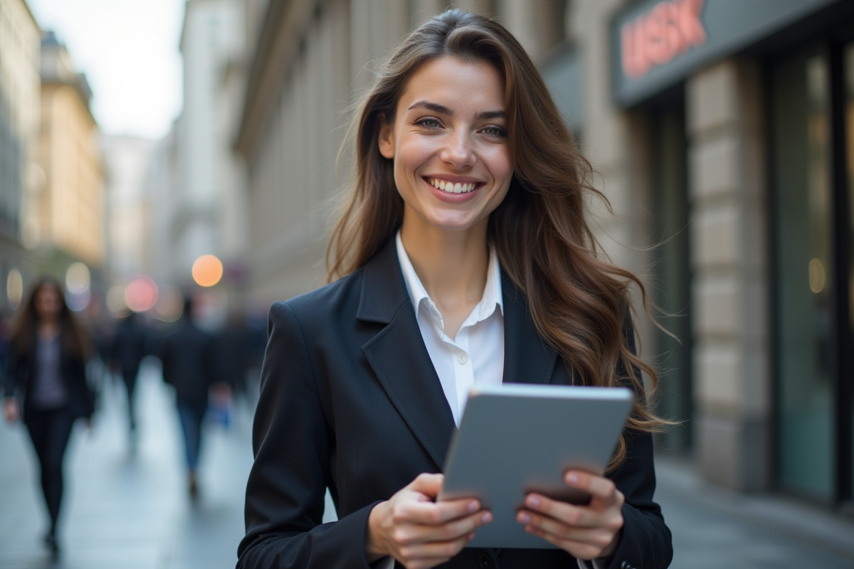 Jeune femme en costume devant un bâtiment boursier en ville