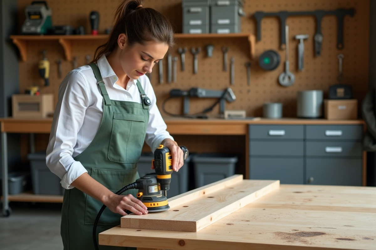 Femme bricolant dans un atelier de garage organisé avec des outils accrochés au mur