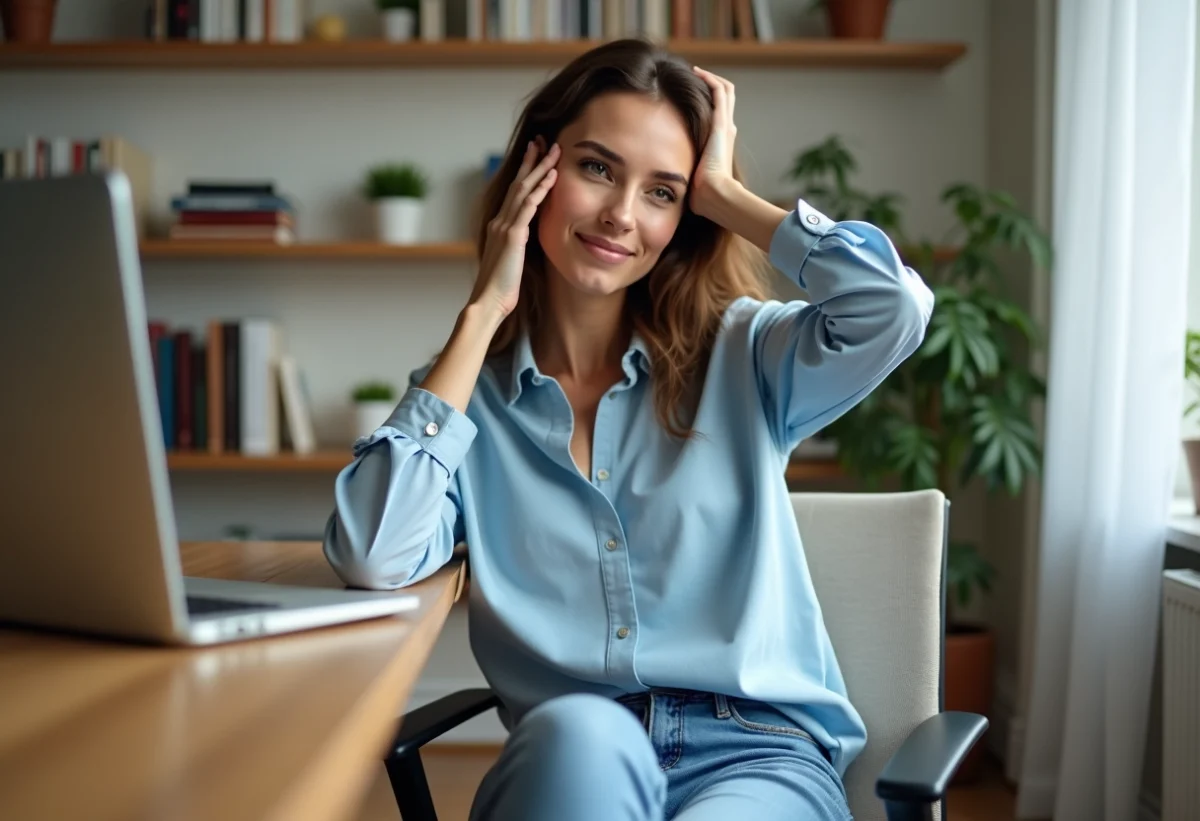 Femme en bureau calme et organisé en train de se masser les tempes