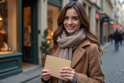 Femme souriante avec bon cadeau devant boutique parisienne