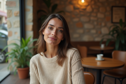Portrait d'une femme dans un café ambiance chaleureuse