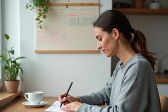 Femme consultant un calendrier avec semaines paires et impaires alternées dans une cuisine moderne
