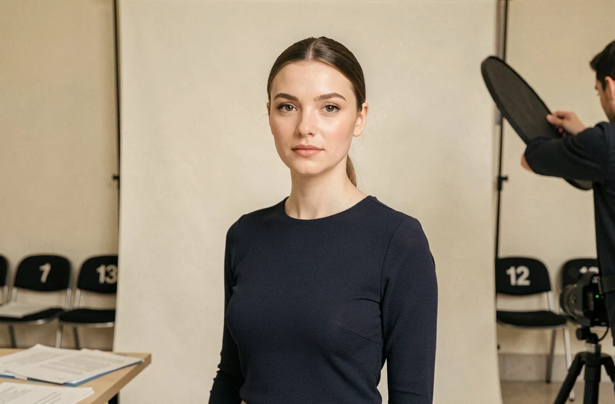 Jeune femme posant pour une photo de casting de figurants dans une agence parisienne, fond blanc et ambiance professionnelle