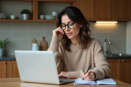 Femme concentrée travaillant sur son ordinateur à la maison