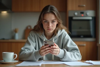 Femme utilisant un code récompense sur l'application Monopoly GO depuis son smartphone à la maison