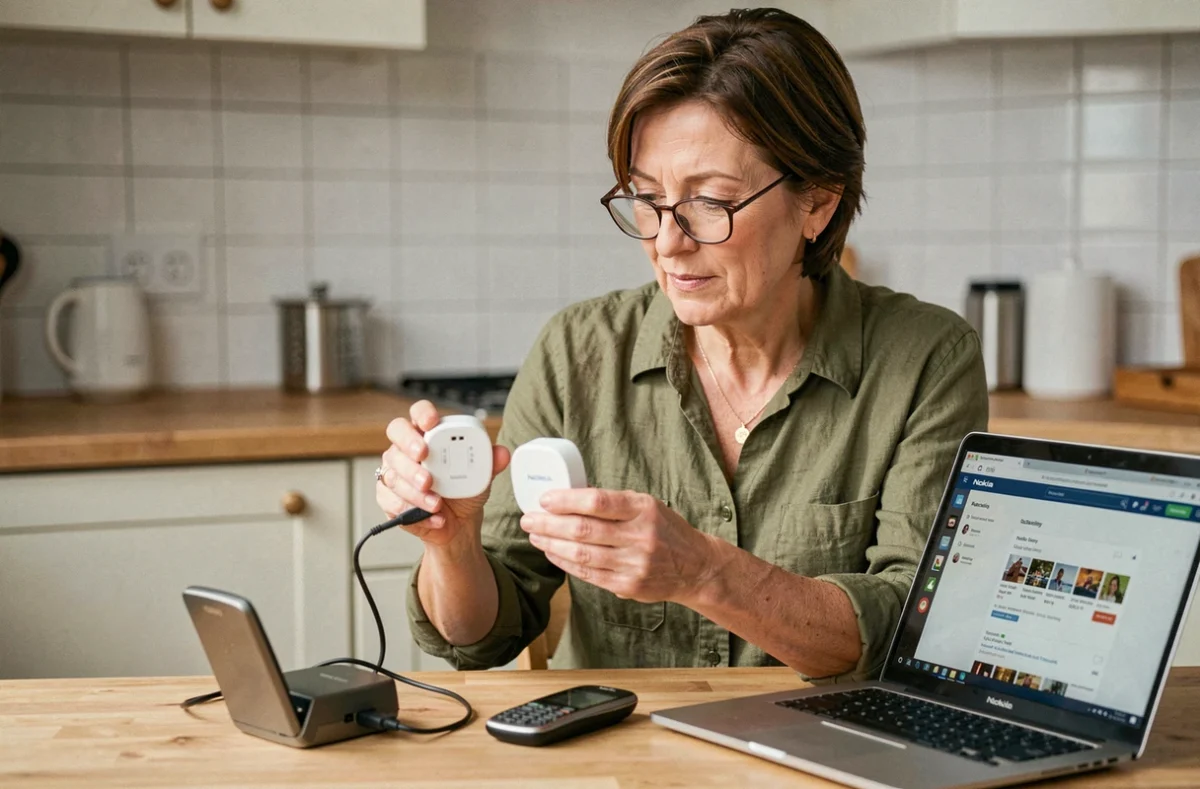 Femme comparant deux chargeurs Nokia anciens modèles à la recherche du bon connecteur