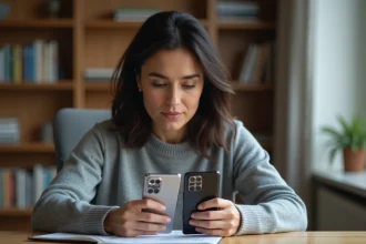 Femme comparant deux smartphones Samsung côte à côte sur un bureau en bois pour analyser leur rapport qualité-prix