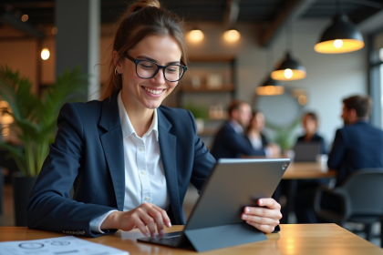 Jeune femme confiante travaillant sur blockchain au bureau