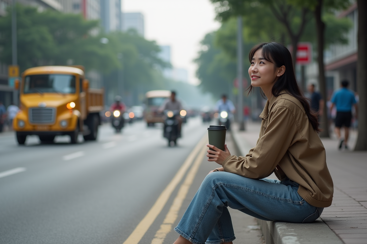 Jeune femme regardant la circulation urbaine polluante