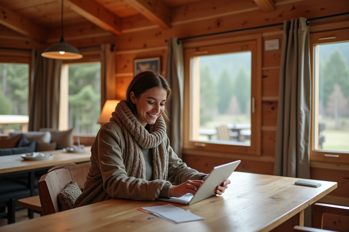 Jeune femme dans un chalet examinant un devis sur tablette