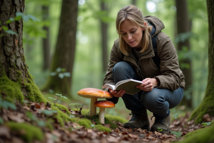 Femme en forêt inspectant un bolet au beau pied