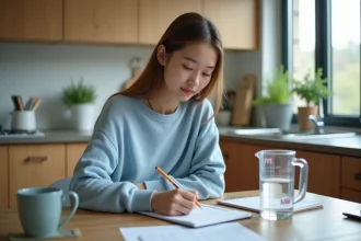 Jeune femme en cuisine note formules de conversion