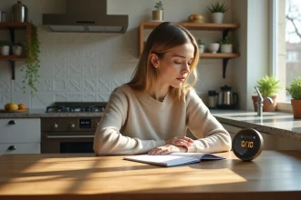 Femme assise à la cuisine au matin avec horloge digitale